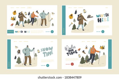 Winter Hiking Landing Page Template Set. Backpackers Character Climb on Rock with Scandinavian Sticks. Men, Woman Travelers Adventure, Tourists Walking Route Outdoor. Linear People Vector Illustration