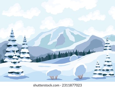 Winter hiking landscape. Blue mountains winter snowy landscape with snows and pine forest on foreground. Mountain peaks and traveling background