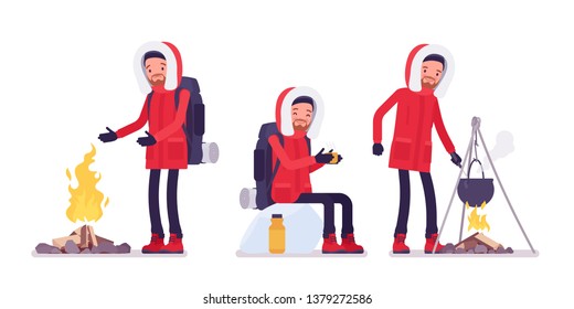 Winter hiking man enjoy outdoor camp activity. Male tourist with backpacking gear in bright jacket, hood, professional footwear. Vector flat style cartoon illustration isolated on white background