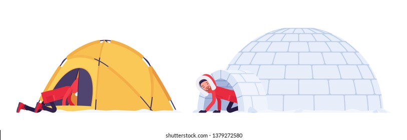 Winter hiking man in a shelter. Male tourist in tent and igloo, wearing bright jacket with attached hood, professional footwear. Vector flat style cartoon illustration isolated on white background