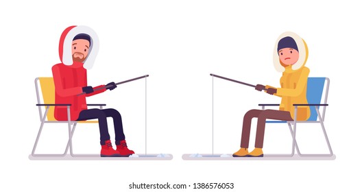 Winter hiking man, woman enjoy fishing outdoor. Male and female tourist with a rod, wearing jacket, professional footwear. Vector flat style cartoon illustration isolated on white background