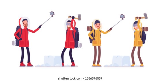 Winter hiking man, woman enjoy outdoor activity. Male, female tourist with backpacking gear, wearing jacket, professional footwear. Vector flat style cartoon illustration isolated on white background