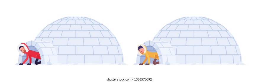 Winter hiking man and woman in ice igloo. Male and female tourist in dome shaped shelter built from blocks of solid snow. Vector flat style cartoon illustration isolated on white background