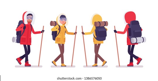 Winter Hiking Man, Woman Walk Using A Stick. Male, Female Tourist With Backpacking Gear, Wearing Bright Jacket, Professional Footwear. Vector Flat Style Cartoon Illustration Isolated, White Background