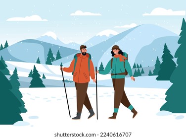 Winter hiking at mountains. Man and woman walking with equipment. Active lifestyle and extreme sports, climbers in nature. Characters skiing in forest concept. Cartoon flat vector illustration