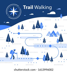 Winter hiking, trekking map, snow forest trail, running or cycling path, orienteering game, white landscape with hills and trees, base camp tents, wind circle, vector flat design illustration