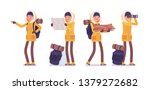 Winter hiking woman exploring route. Female tourist with backpacking gear, wearing bright jacket attached hood, professional footwear. Vector flat style cartoon illustration isolated, white background