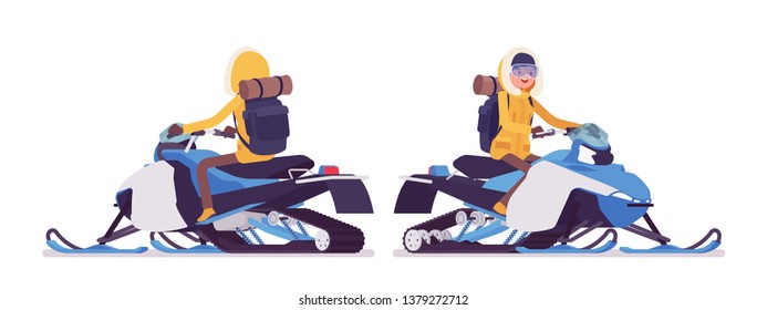 Winter hiking woman riding a snowmobile. Female tourist with backpacking gear, wearing bright jacket, hood, professional footwear. Vector flat style cartoon illustration isolated on white background