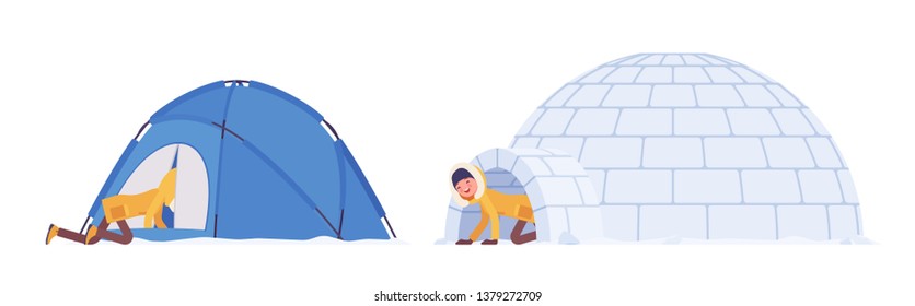 Winter hiking woman in a shelter. Female tourist in tent and igloo, wearing bright jacket with attached hood, professional footwear. Vector flat style cartoon illustration isolated on white background