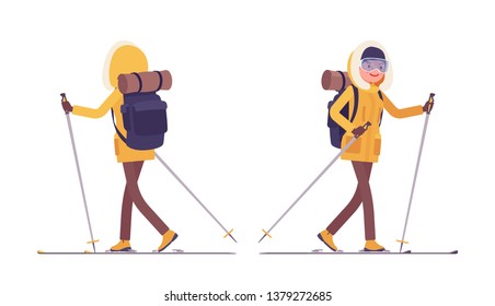 Winter hiking woman skiing. Female tourist, skier with backpacking gear, wearing bright jacket, attached hood, professional footwear Vector flat style cartoon illustration isolated on white background