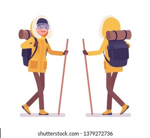 Winter hiking woman walking using a stick. Female tourist with backpacking gear, wearing bright jacket, hood, professional footwear. Vector flat style cartoon illustration isolated on white background