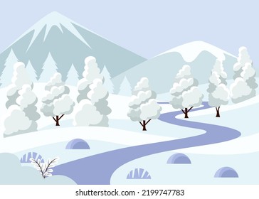 Invierno en la Colina Simple Ilustración con Bosque y Río. Fondo invernal. Ilustración de invierno