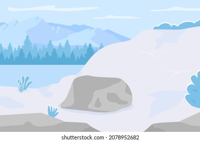 Winter hills flat color vector illustration. Cold season hillslides with snow. Scenic mountains. Panoramic view on land. Wintertime 2D cartoon landscape with frozen lake on background