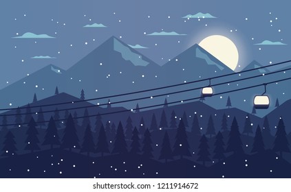 Winter hills with gondola, background, vector, illustration