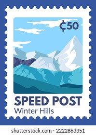 Winterhügel, Gebirgslandschaft. Poststempel für schnelle Post, Postkarte mit kalter, frostiger Naturlandschaft. Postanschrift oder Karte, Briefmarke und Briefmarke mit Preis. Vektorgrafik im Flachstil