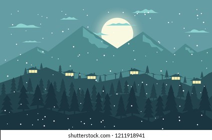 Winter hills with snow and home, background, vector, illustration