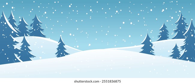 Winter hills in snowy weather. Winter landscape of forest, hills and snow. Winter nature vector illustration for Christmas design. The concept of hiking and travel.