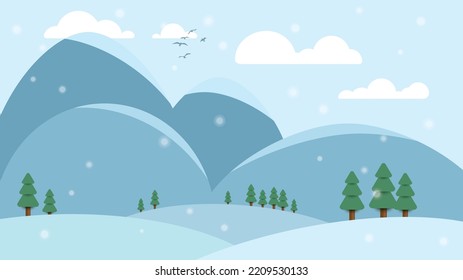 Winter hills, valleys, mountains and pines landscape background with snowfall.