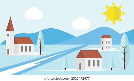 Winter Hillside Valley Landscape with Medieval Town in the Sun. Nature and rural life concept vector art