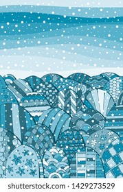 Winter hilly landscape with falling snow. Christmas card.