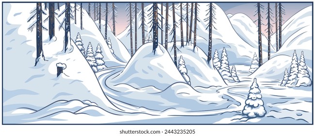 Winterhügelige Landschaft mit schneebedeckten Hügeln, Panoramaformat. Die raue Natur der nördlichen Region. Vektorgrafik.