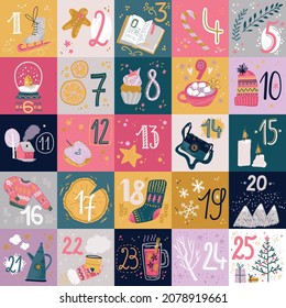 Winter holday cards and advent calendar. Christmas and New Year decorations with numbers.