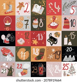 Winter holday cards and advent calendar. Christmas and New Year decorations with numbers.