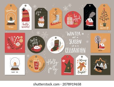 Winter holday cards and gift tags. Christmas and New Year decorations with hand lettering.