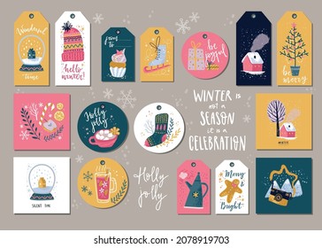 Winter holday cards and gift tags. Christmas and New Year decorations with hand lettering.