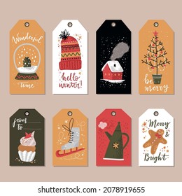 Winter holday gift tags. Christmas and New Year decorations with hand lettering.