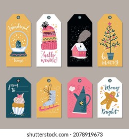 Winter holday gift tags. Christmas and New Year decorations with hand lettering.