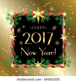 Winter Holiday 2017 vector illustration. Merry Christmas and Happy New Year greeting card with glitter, gold snowflakes, sparkles, gold frame confetti light effect Luxury ornament Christmas decoration