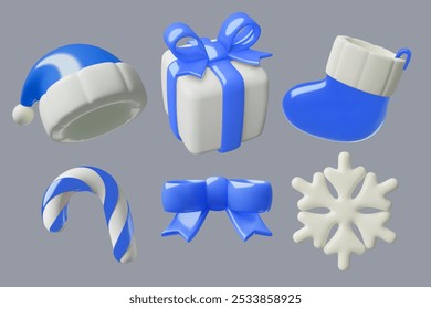 Winter holiday 3d elements collection. Cute blue and white Santa hat, gift box, snowflake, Christmas stocking, candy cane and a bow.