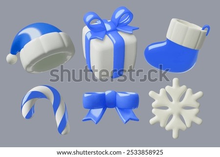 Winter holiday 3d elements collection. Cute blue and white Santa hat, gift box, snowflake, Christmas stocking, candy cane and a bow.