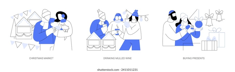 Winter holiday activities isolated cartoon vector illustrations set. Christmas market, drinking mulled wine, buying presents, winter holiday fair decoration, choosing xmas gifts vector cartoon.