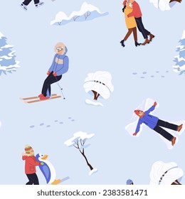 Winter holiday activities seamless pattern. Design of repeatable background with people walking outdoor, december holidays and winters snow fun. Xmas winter sport gift wrapping vector illustration