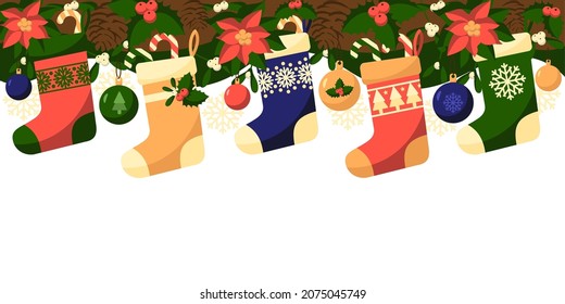 Winter holiday background. Banner with Christmas socks decorated with poinsettia and holly, balls, green leaves, red berries, candy canes, cone pine, and mistletoe. Vector illustration in flat style.
