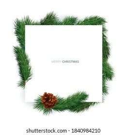 Winter holiday background. Blank white card with Christmas tree branches and ornaments isolated on white. Flat design vector emplate for New year cards, banners, headers, party posters.