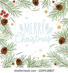 Winterurlaubshintergrund mit weißer Karte und Rahmen von Weihnachtsbäumen und Beeren. Vektorvorlage für New Year Card, Banner, Party Poster und Landing Header.