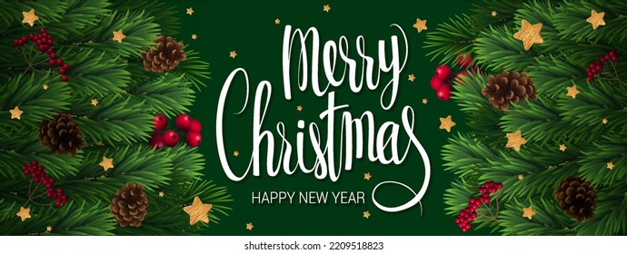Winter holiday background with blank white card and border frame of Christmas tree branches and berries. Vector template for New year card, banner, party poster and landing header.