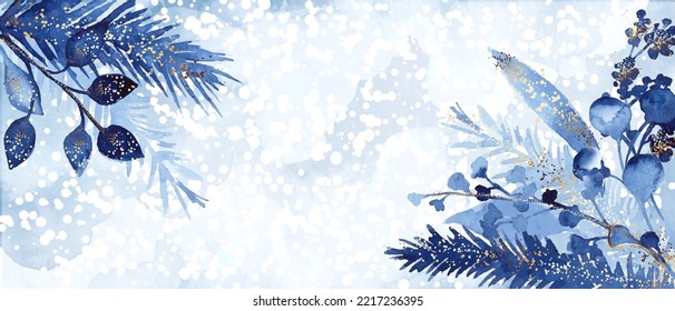 Winter holiday background. Blue watercolor wash, plants, leaves, snowflakes. Greeting card, invitation, flyer, cover print.