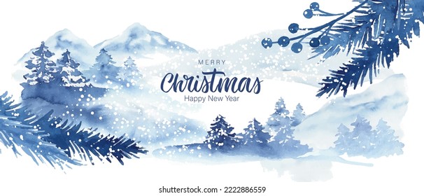 Winter holiday background. Blue watercolor wash, plants, leaves, snowflakes. Mountains, snowy hills, forest, landscape. Greeting card, invitation, flyer, cover print.