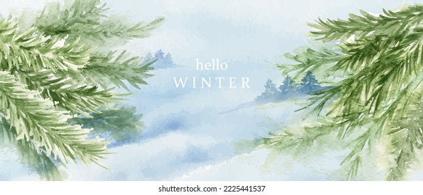 Winter holiday background. Blue watercolor wash, green plants, fir, spruce. Snowy hills, forest, landscape. Greeting card, invitation, flyer, cover print.