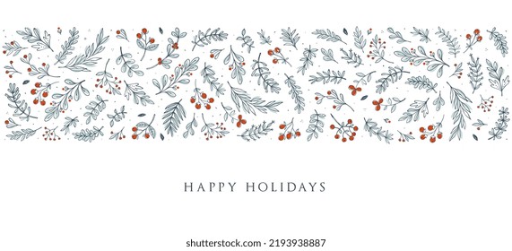 Winterferien-Hintergrund. Blauer und weißer Horizontalrahmen mit Blumenmotiven und Grüßen. Universelle, moderne Kunstfloralen. Merry xmas-Header oder Banner. Tapete- oder Hintergrunddekor.