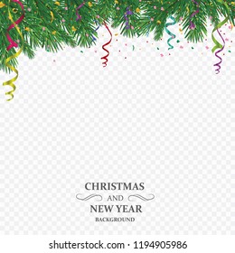 Winter holiday background. Border with Christmas tree branch isolated on transparent background. He is used for New year cards, banners, headers, party posters