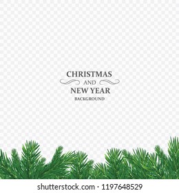 Winter holiday background. Border with Christmas tree branch isolated on transparent background. He is used for New year cards, banners, headers, party posters
