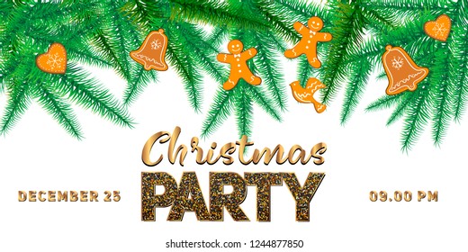 Winter holiday background. Border with Christmas tree branches and ornaments isolated. Great for New year cards, banners, headers, party posters.