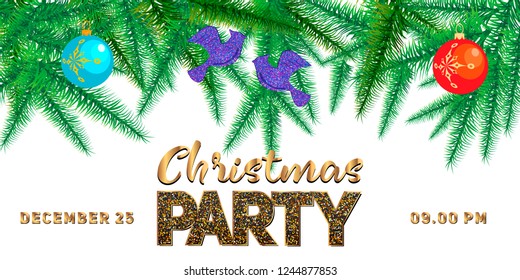 Winter holiday background. Border with Christmas tree branches and ornaments isolated. Great for New year cards, banners, headers, party posters.