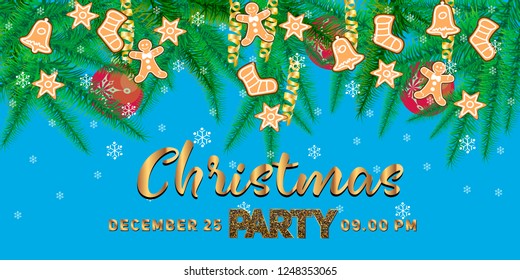 Winter holiday background. Border with Christmas tree branches and ornaments isolated. Great for New year cards, banners, headers, party posters.