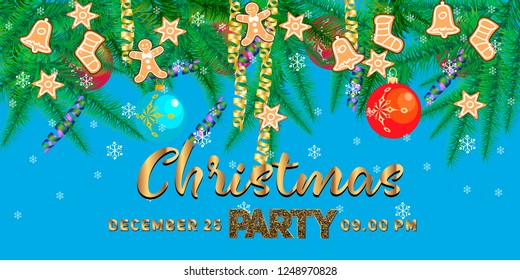Winter holiday background. Border with Christmas tree branches and ornaments isolated. Great for New year cards, banners, headers, party posters.